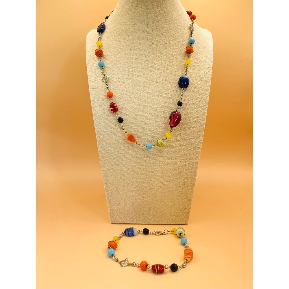 Multicolor Lampwork Art Glass Bead Necklace and Bracelet Set Silver Tone Boho
